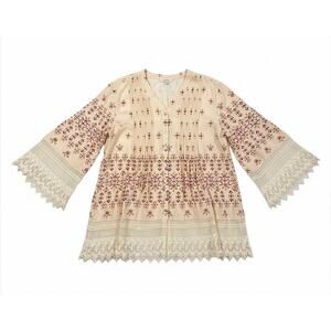 Coldwater Creek Cream Boho Lace Trim Tunic V Neck Top 1X Cottage Boho Peasant